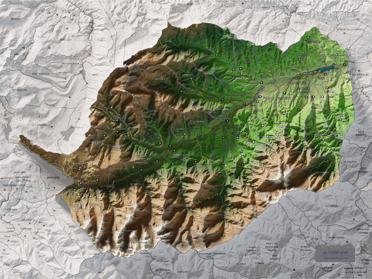 Mapa de relleu del Conflent, amb el territori en color i l’entorn en blanc. Vista completa de la làmina. 30 × 40 cm. Estil Clàssic.