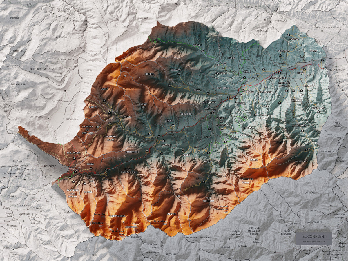 Mapa de relleu del Conflent, amb el territori en color i l’entorn en blanc. Vista completa de la làmina. 30 × 40 cm. Estil Contrastat.