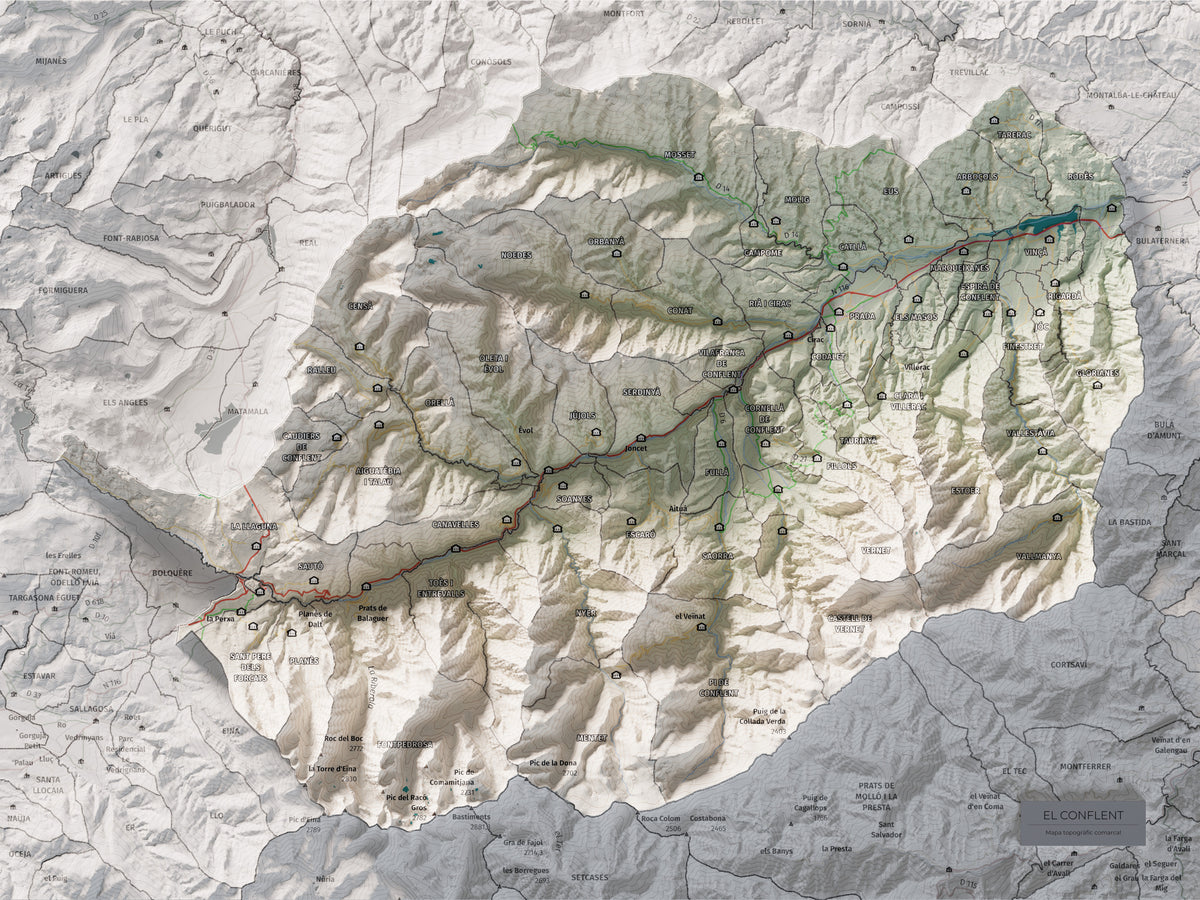 Mapa de relleu del Conflent, amb el territori en color i l’entorn en blanc. Vista completa de la làmina. 30 × 40 cm. Estil Cartogràfic.