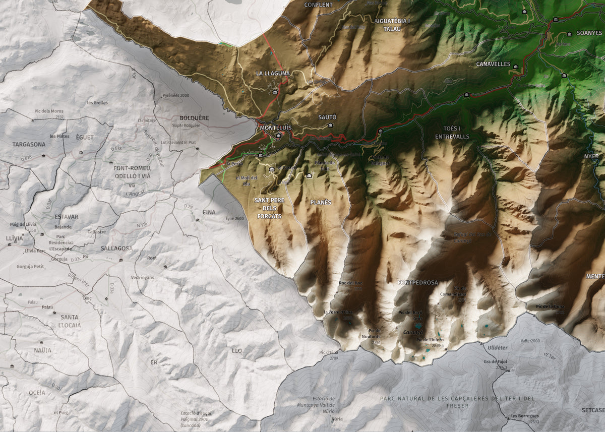 Mapa de relleu del Conflent, amb el territori en color i l’entorn en blanc. Detall de la part inferior esquerra. 50 × 70 cm. Estil Clàssic.