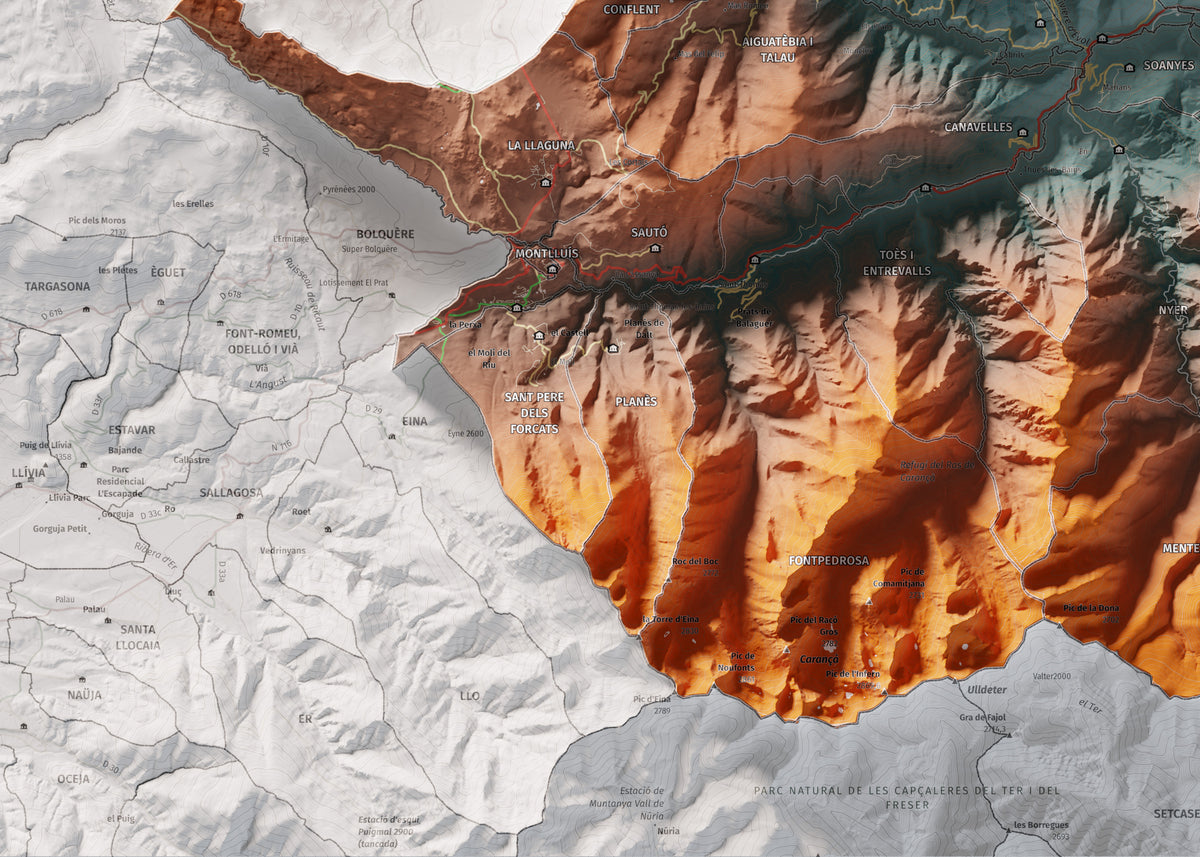 Mapa de relleu del Conflent, amb el territori en color i l’entorn en blanc. Detall de la part inferior esquerra. 50 × 70 cm. Estil Contrastat.
