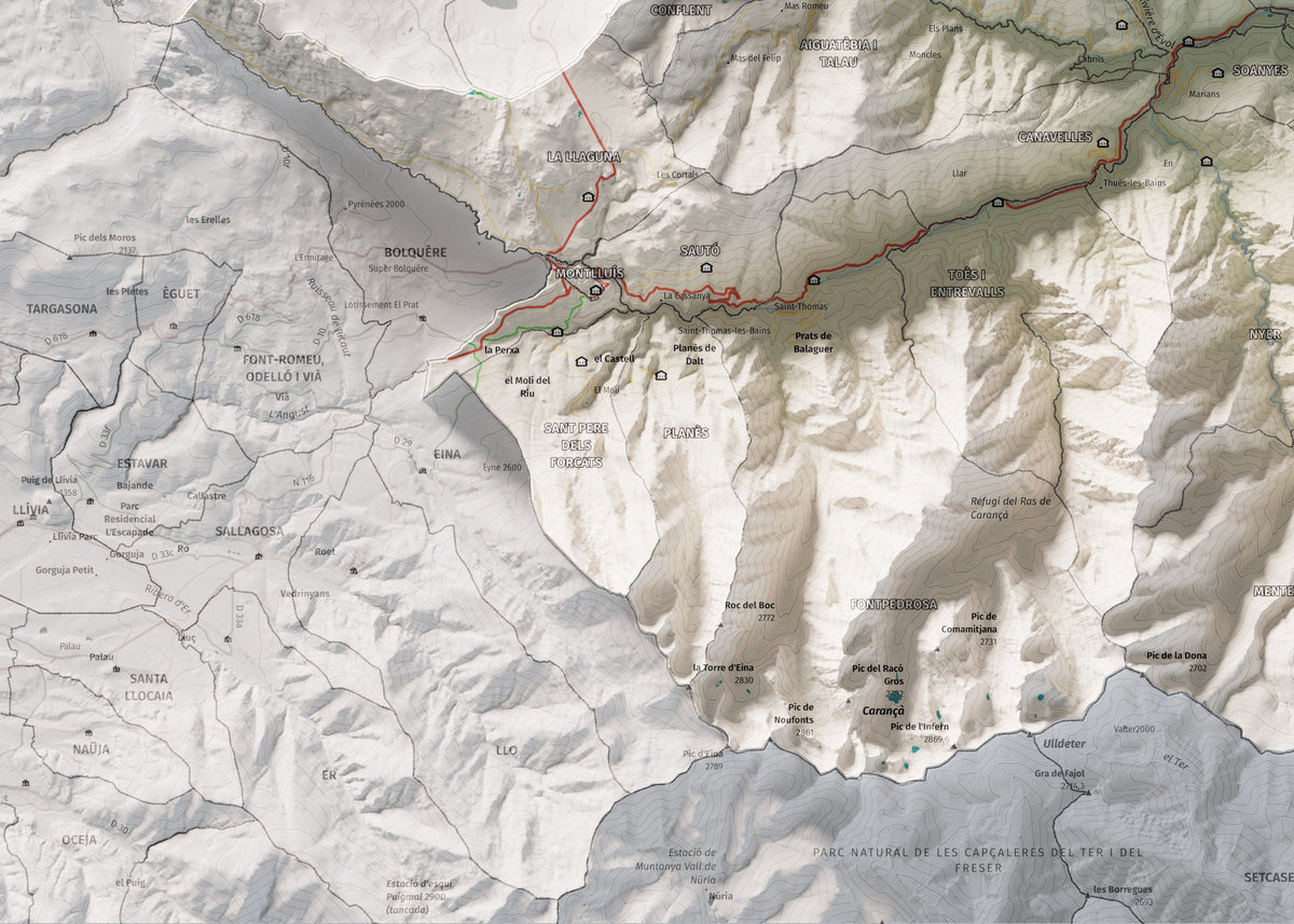 Mapa de relleu del Conflent, amb el territori en color i l’entorn en blanc. Detall de la part inferior esquerra. 50 × 70 cm. Estil Cartogràfic.