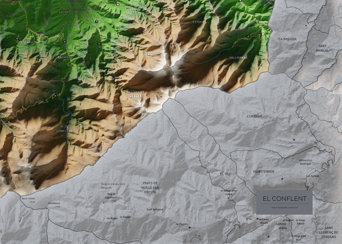 Mapa de relleu del Conflent, amb el territori en color i l’entorn en blanc. Detall de la part inferior dreta. 50 × 70 cm. Estil Clàssic.