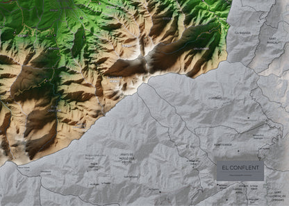 Mapa de relleu del Conflent, amb el territori en color i l’entorn en blanc. Detall de la part inferior dreta. 50 × 70 cm. Estil Clàssic.