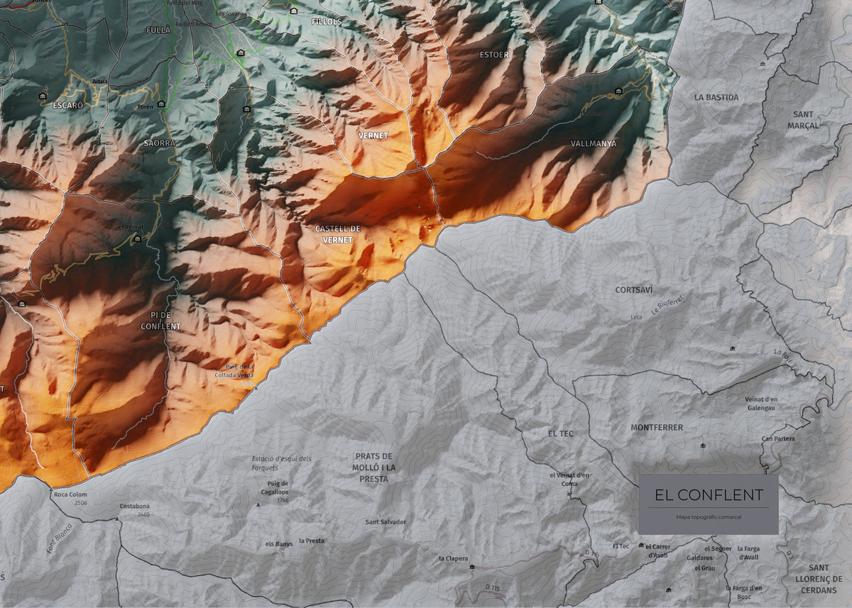 Mapa de relleu del Conflent, amb el territori en color i l’entorn en blanc. Detall de la part inferior dreta. 50 × 70 cm. Estil Contrastat.