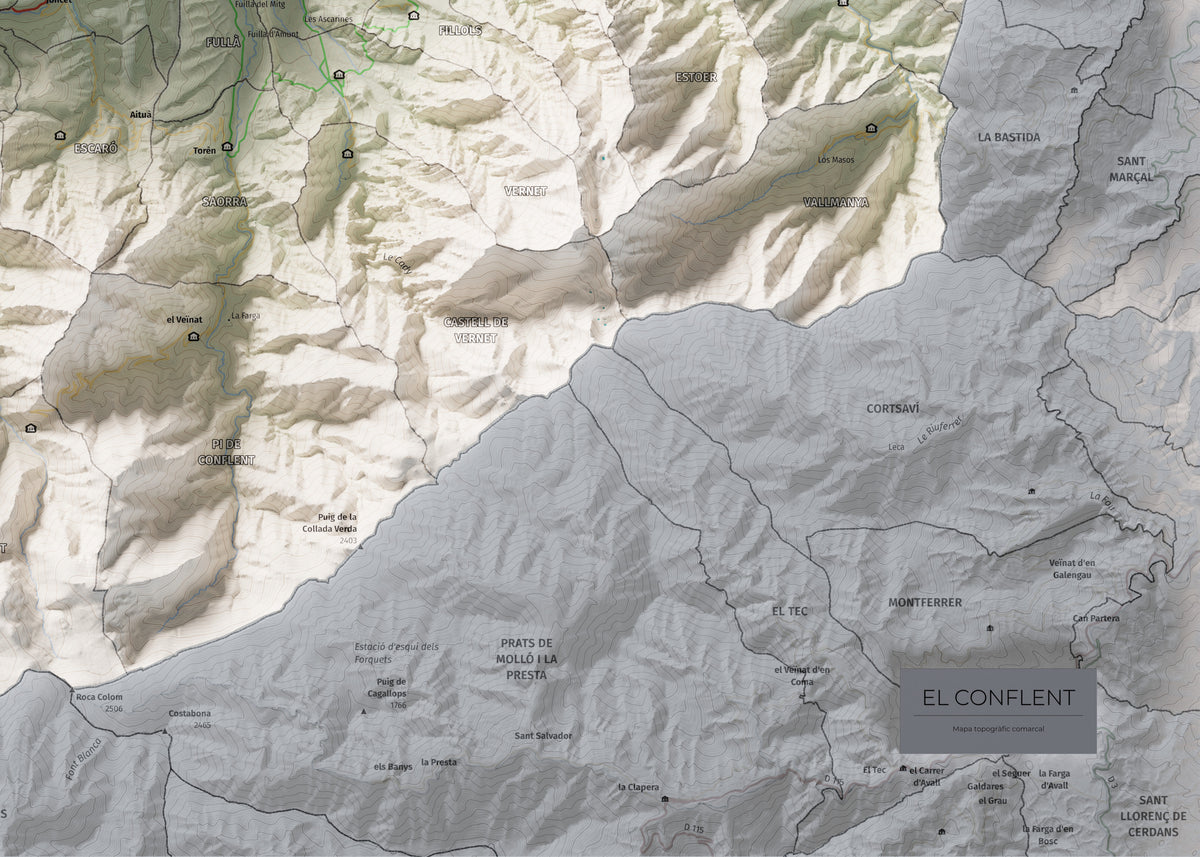 Mapa de relleu del Conflent, amb el territori en color i l’entorn en blanc. Detall de la part inferior dreta. 50 × 70 cm. Estil Cartogràfic.