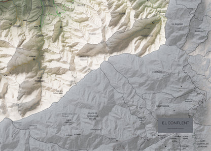 Mapa de relleu del Conflent, amb el territori en color i l’entorn en blanc. Detall de la part inferior dreta. 50 × 70 cm. Estil Cartogràfic.
