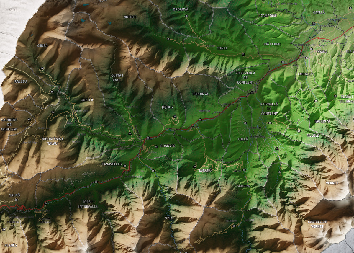 Mapa de relleu del Conflent, amb el territori en color i l’entorn en blanc. Detall de la part central. 50 × 70 cm. Estil Clàssic.
