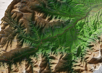 Mapa de relleu del Conflent, amb el territori en color i l’entorn en blanc. Detall de la part central. 50 × 70 cm. Estil Clàssic.