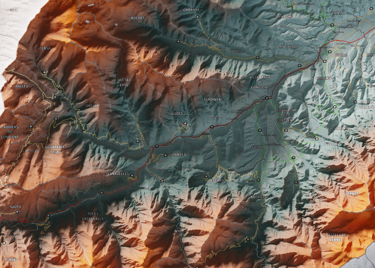 Mapa de relleu del Conflent, amb el territori en color i l’entorn en blanc. Detall de la part central. 50 × 70 cm. Estil Contrastat.