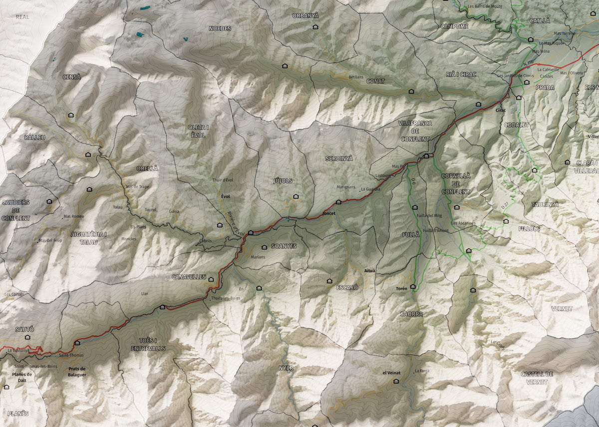 Mapa de relleu del Conflent, amb el territori en color i l’entorn en blanc. Detall de la part central. 50 × 70 cm. Estil Cartogràfic.