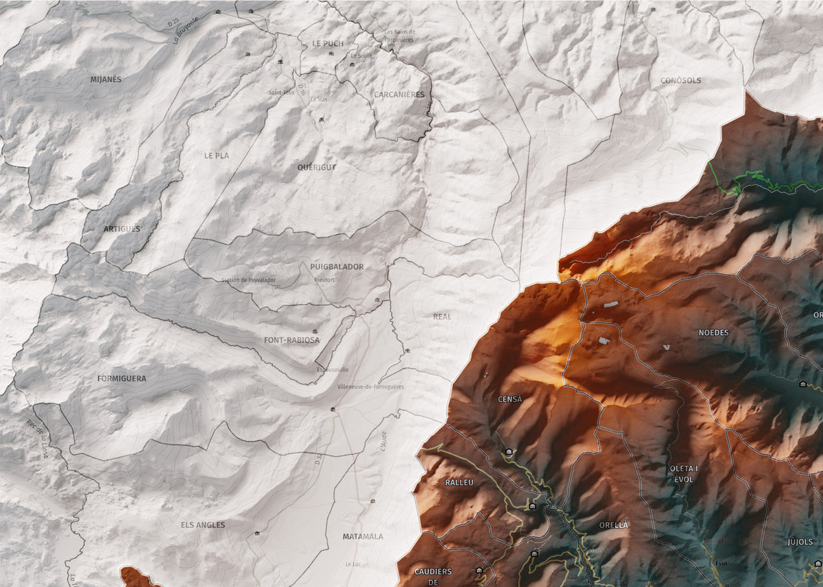 Mapa de relleu del Conflent, amb el territori en color i l’entorn en blanc. Detall de la part superior esquerra. 50 × 70 cm. Estil Contrastat.