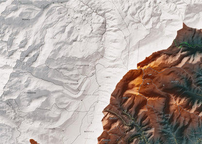 Mapa de relleu del Conflent, amb el territori en color i l’entorn en blanc. Detall de la part superior esquerra. 50 × 70 cm. Estil Contrastat.