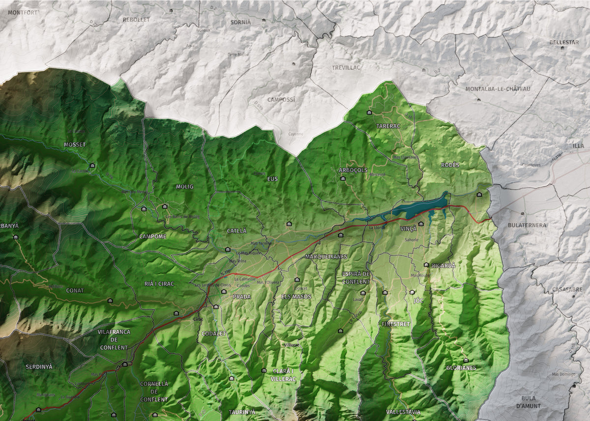 Mapa de relleu del Conflent, amb el territori en color i l’entorn en blanc. Detall de la part superior dreta. 50 × 70 cm. Estil Clàssic.
