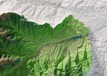 Mapa de relleu del Conflent, amb el territori en color i l’entorn en blanc. Detall de la part superior dreta. 50 × 70 cm. Estil Clàssic.