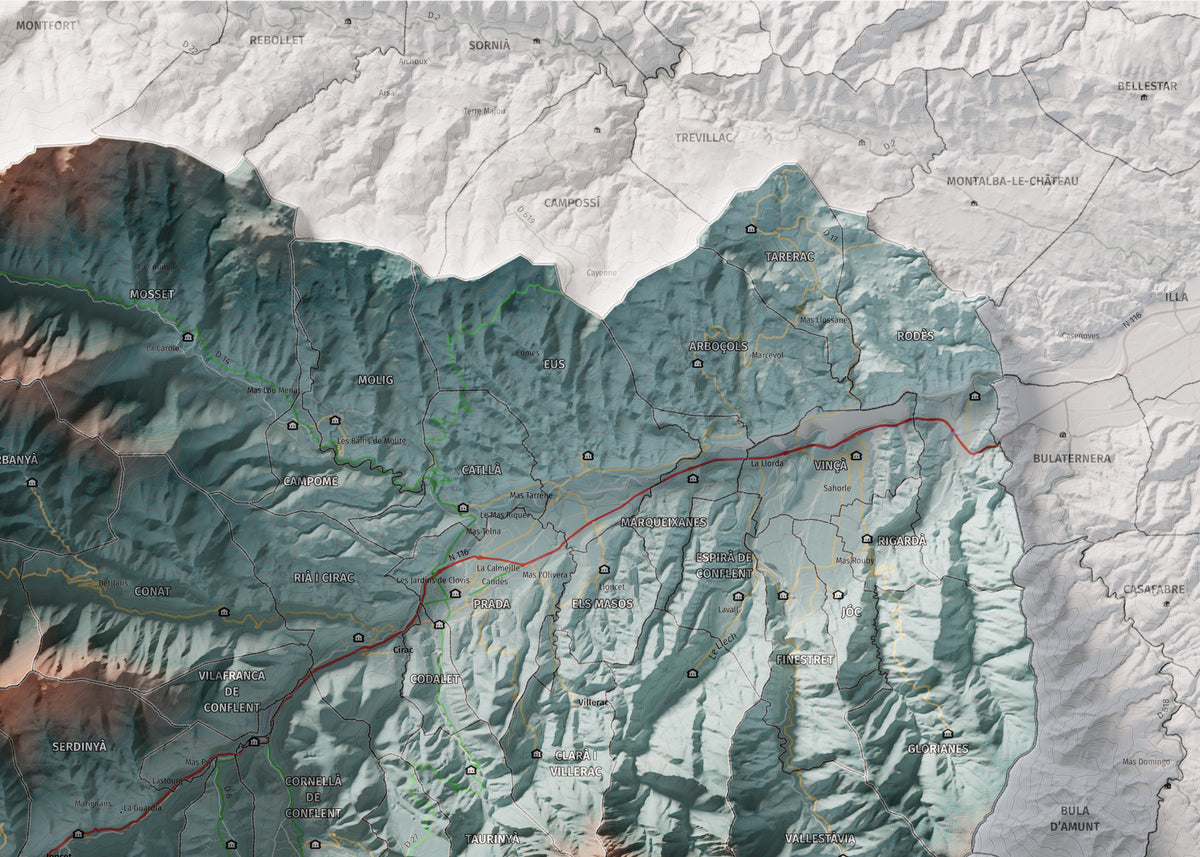 Mapa de relleu del Conflent, amb el territori en color i l’entorn en blanc. Detall de la part superior dreta. 50 × 70 cm. Estil Contrastat.