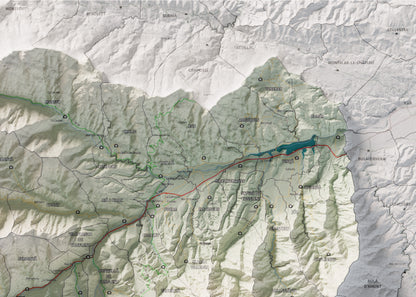 Mapa de relleu del Conflent, amb el territori en color i l’entorn en blanc. Detall de la part superior dreta. 50 × 70 cm. Estil Cartogràfic.