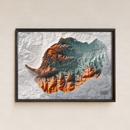Mapa de relleu del Conflent, amb el territori en color i l’entorn en blanc. Presentació amb marc. 50 × 70 cm. Estil Contrastat.
