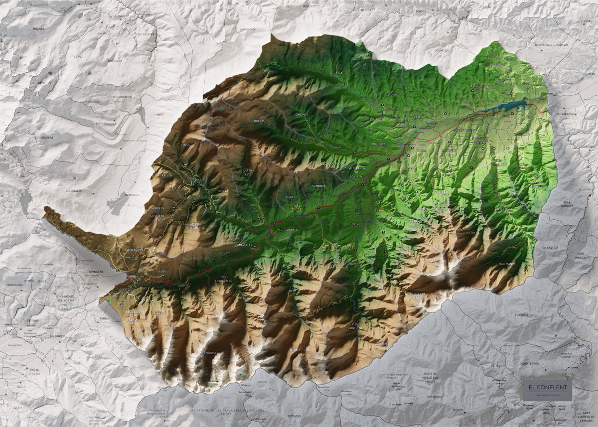 Mapa de relleu del Conflent, amb el territori en color i l’entorn en blanc. Vista completa de la làmina. 50 × 70 cm. Estil Clàssic.