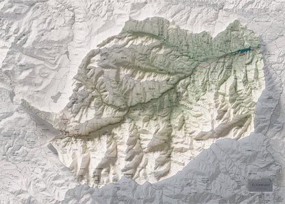 Mapa de relleu del Conflent, amb el territori en color i l’entorn en blanc. Vista completa de la làmina. 50 × 70 cm. Estil Cartogràfic.