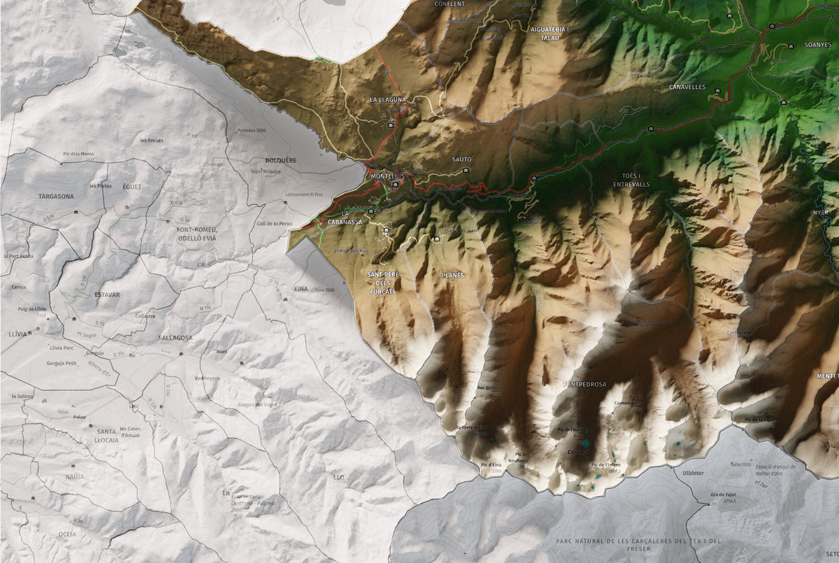 Mapa de relleu del Conflent, amb el territori en color i l’entorn en blanc. Detall de la part inferior esquerra. 61 × 91 cm. Estil Clàssic.
