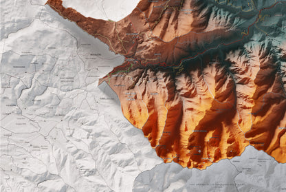 Mapa de relleu del Conflent, amb el territori en color i l’entorn en blanc. Detall de la part inferior esquerra. 61 × 91 cm. Estil Contrastat.