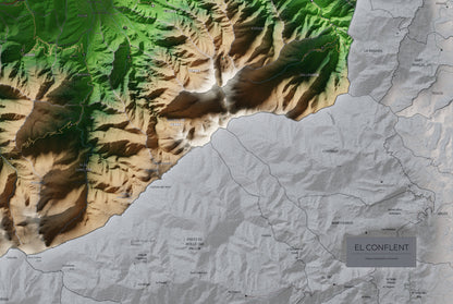 Mapa de relleu del Conflent, amb el territori en color i l’entorn en blanc. Detall de la part inferior dreta. 61 × 91 cm. Estil Clàssic.