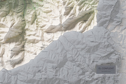 Mapa de relleu del Conflent, amb el territori en color i l’entorn en blanc. Detall de la part inferior dreta. 61 × 91 cm. Estil Cartogràfic.