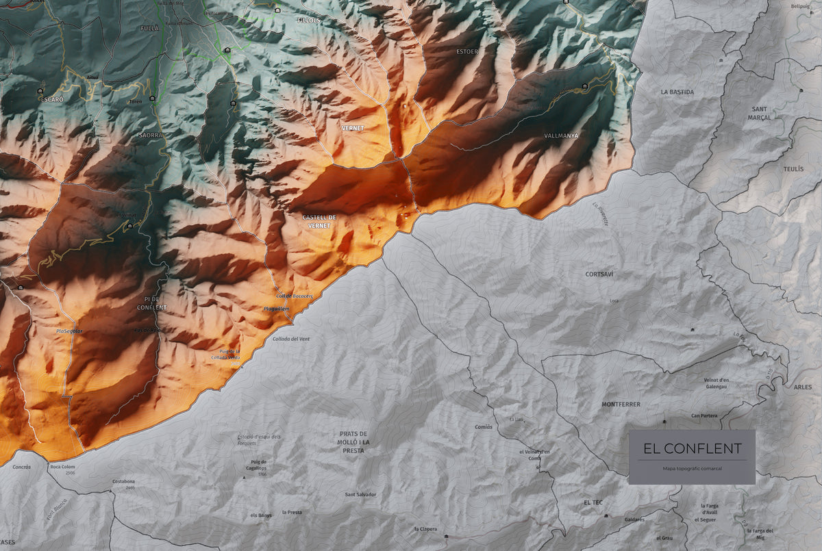 Mapa de relleu del Conflent, amb el territori en color i l’entorn en blanc. Detall de la part inferior dreta. 61 × 91 cm. Estil Contrastat.
