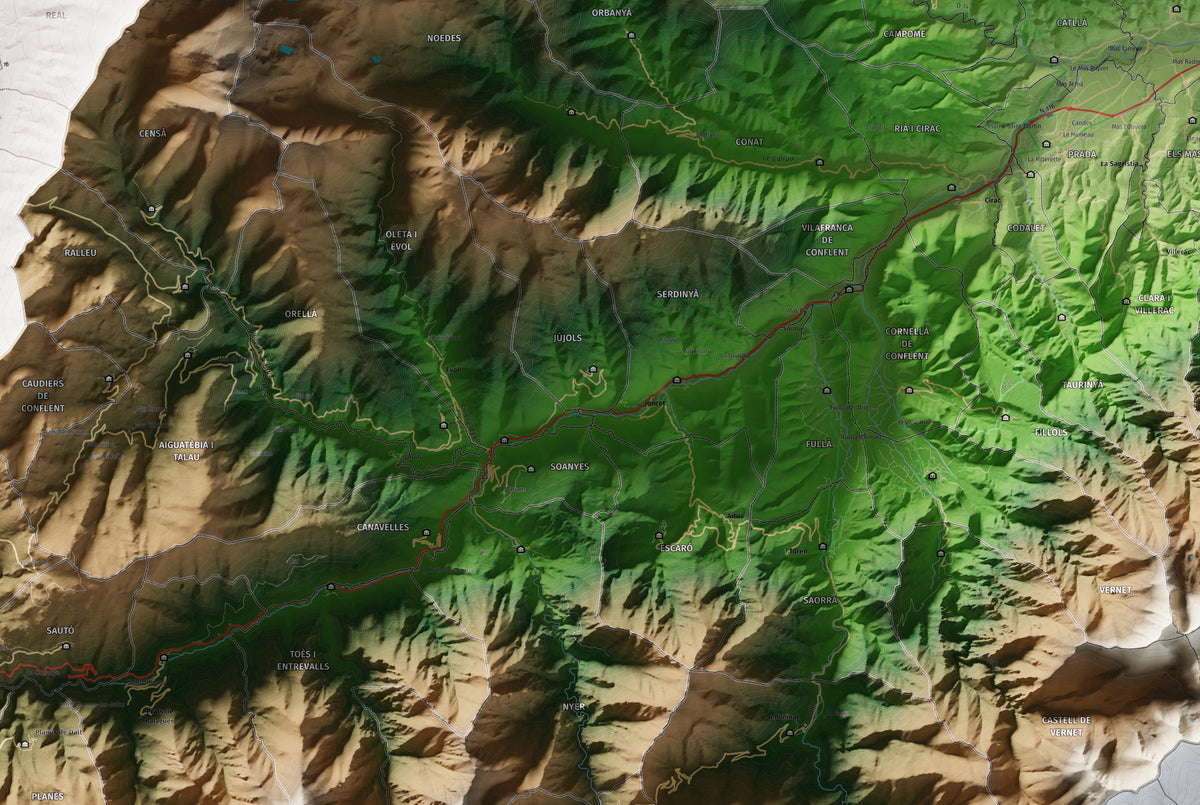 Mapa de relleu del Conflent, amb el territori en color i l’entorn en blanc. Detall de la part central. 61 × 91 cm. Estil Clàssic.
