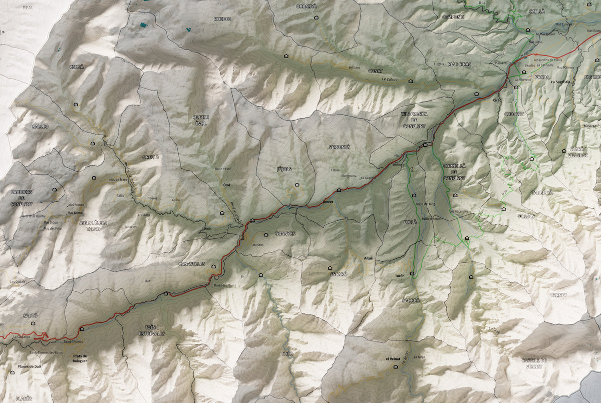 Mapa de relleu del Conflent, amb el territori en color i l’entorn en blanc. Detall de la part central. 61 × 91 cm. Estil Cartogràfic.