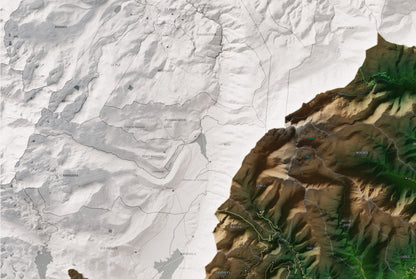 Mapa de relleu del Conflent, amb el territori en color i l’entorn en blanc. Detall de la part superior esquerra. 61 × 91 cm. Estil Clàssic.