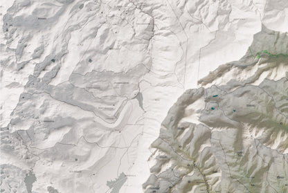 Mapa de relleu del Conflent, amb el territori en color i l’entorn en blanc. Detall de la part superior esquerra. 61 × 91 cm. Estil Cartogràfic.
