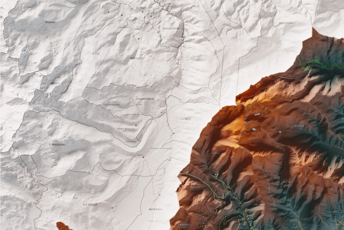 Mapa de relleu del Conflent, amb el territori en color i l’entorn en blanc. Detall de la part superior esquerra. 61 × 91 cm. Estil Contrastat.