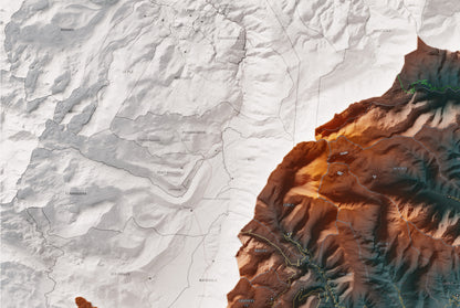 Mapa de relleu del Conflent, amb el territori en color i l’entorn en blanc. Detall de la part superior esquerra. 61 × 91 cm. Estil Contrastat.