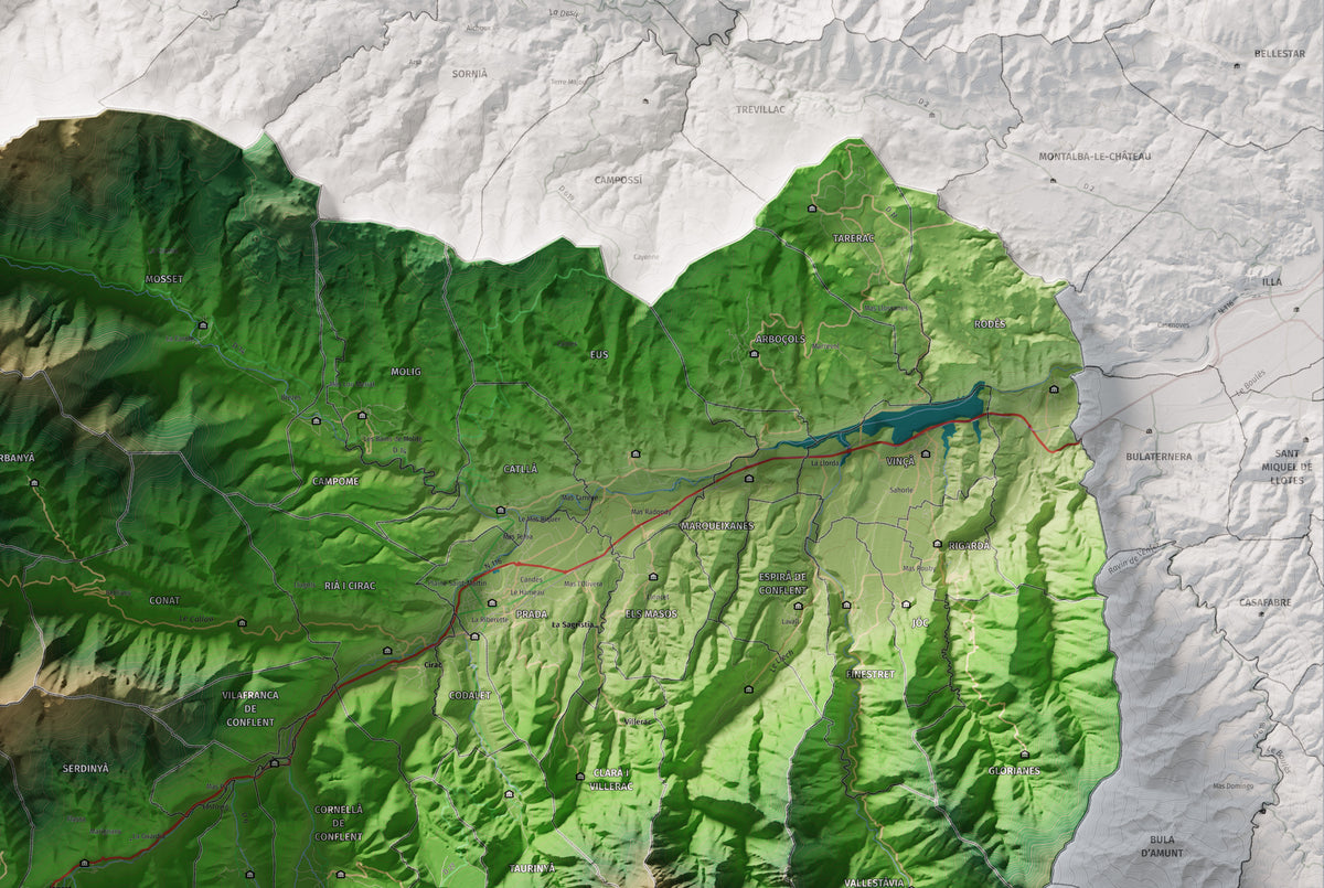 Mapa de relleu del Conflent, amb el territori en color i l’entorn en blanc. Detall de la part superior dreta. 61 × 91 cm. Estil Clàssic.