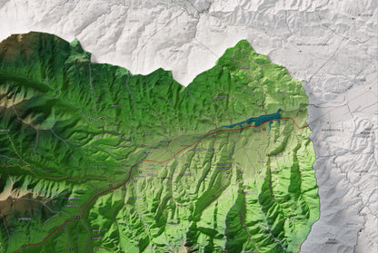 Mapa de relleu del Conflent, amb el territori en color i l’entorn en blanc. Detall de la part superior dreta. 61 × 91 cm. Estil Clàssic.