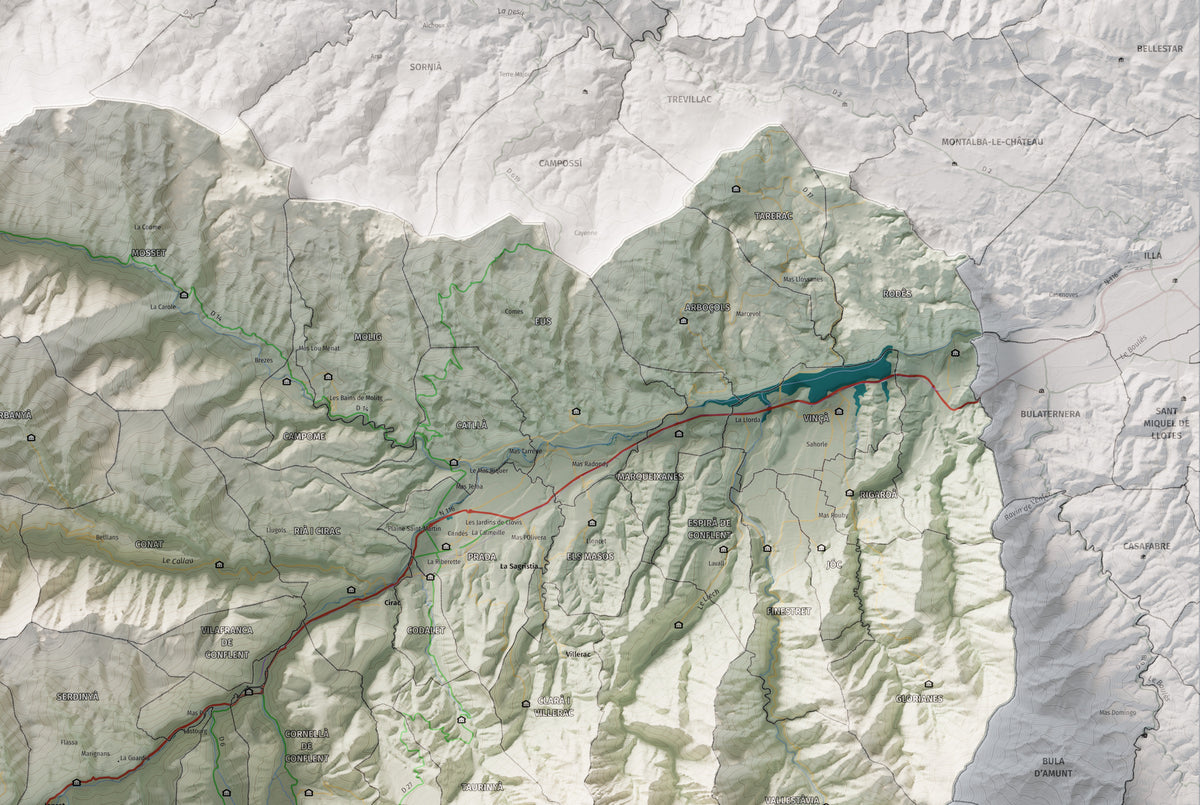 Mapa de relleu del Conflent, amb el territori en color i l’entorn en blanc. Detall de la part superior dreta. 61 × 91 cm. Estil Cartogràfic.