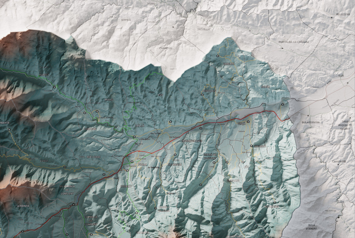 Mapa de relleu del Conflent, amb el territori en color i l’entorn en blanc. Detall de la part superior dreta. 61 × 91 cm. Estil Contrastat.
