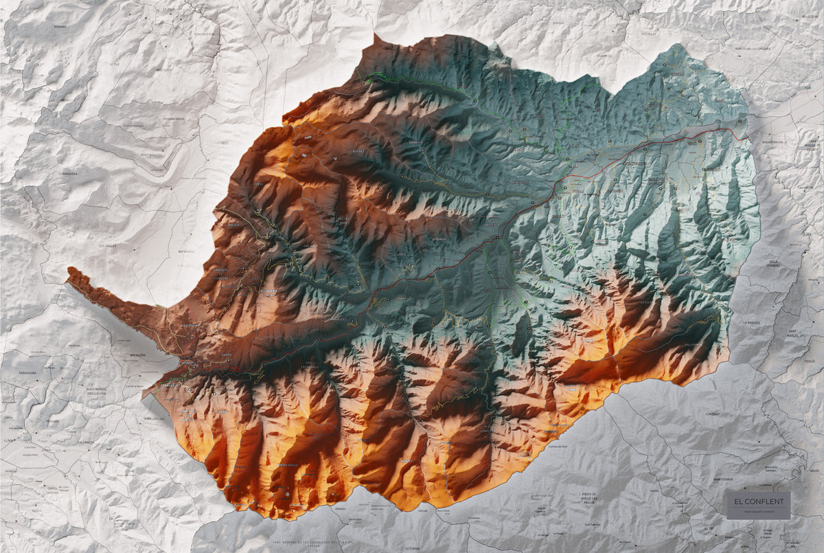 Mapa de relleu del Conflent, amb el territori en color i l’entorn en blanc. Vista completa de la làmina. 61 × 91 cm. Estil Contrastat.