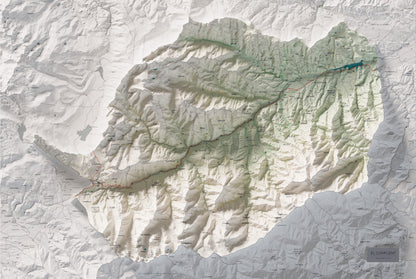 Mapa de relleu del Conflent, amb el territori en color i l’entorn en blanc. Vista completa de la làmina. 61 × 91 cm. Estil Cartogràfic.