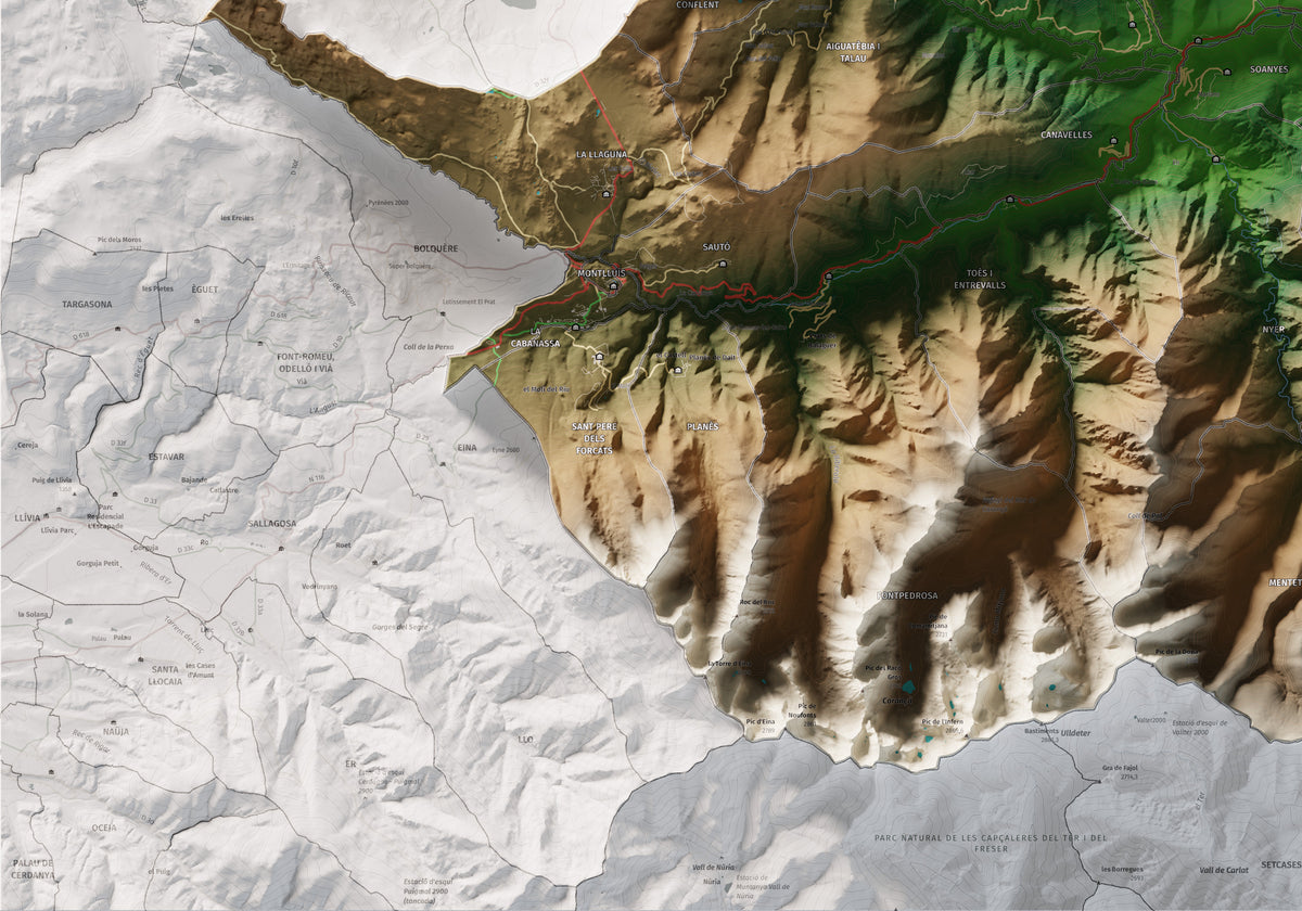 Mapa de relleu del Conflent, amb el territori en color i l’entorn en blanc. Detall de la part inferior esquerra. 70 × 100 cm. Estil Clàssic.