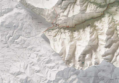 Mapa de relleu del Conflent, amb el territori en color i l’entorn en blanc. Detall de la part inferior esquerra. 70 × 100 cm. Estil Cartogràfic.