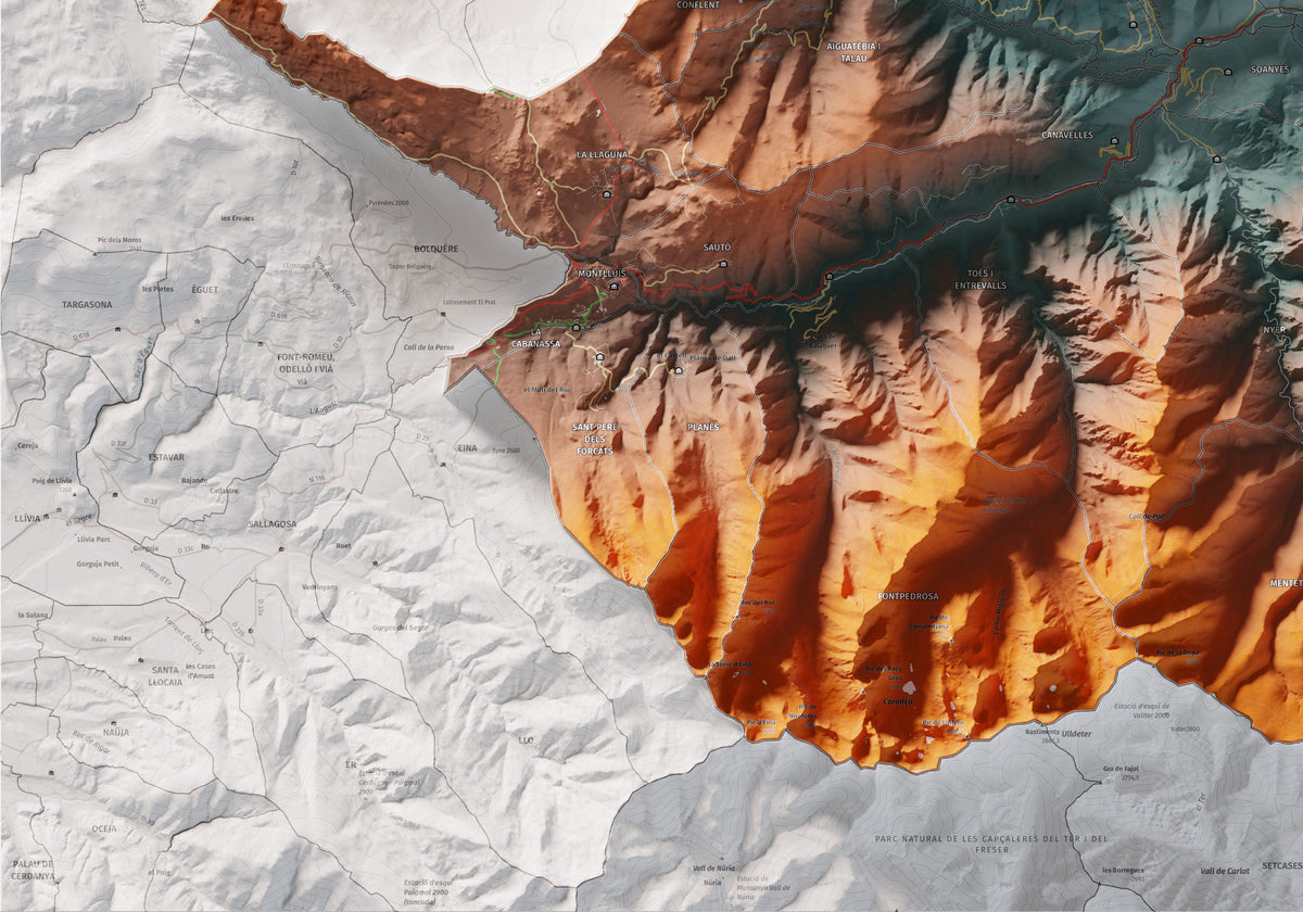 Mapa de relleu del Conflent, amb el territori en color i l’entorn en blanc. Detall de la part inferior esquerra. 70 × 100 cm. Estil Contrastat.
