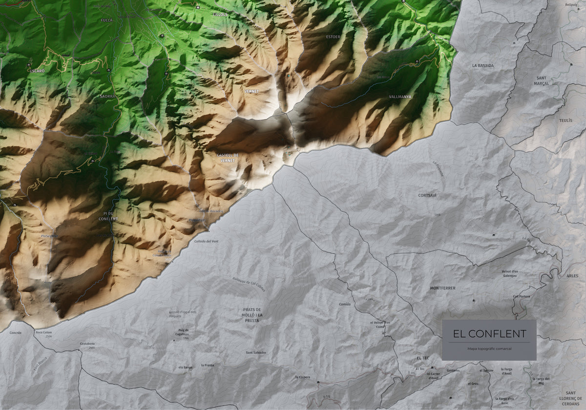 Mapa de relleu del Conflent, amb el territori en color i l’entorn en blanc. Detall de la part inferior dreta. 70 × 100 cm. Estil Clàssic.