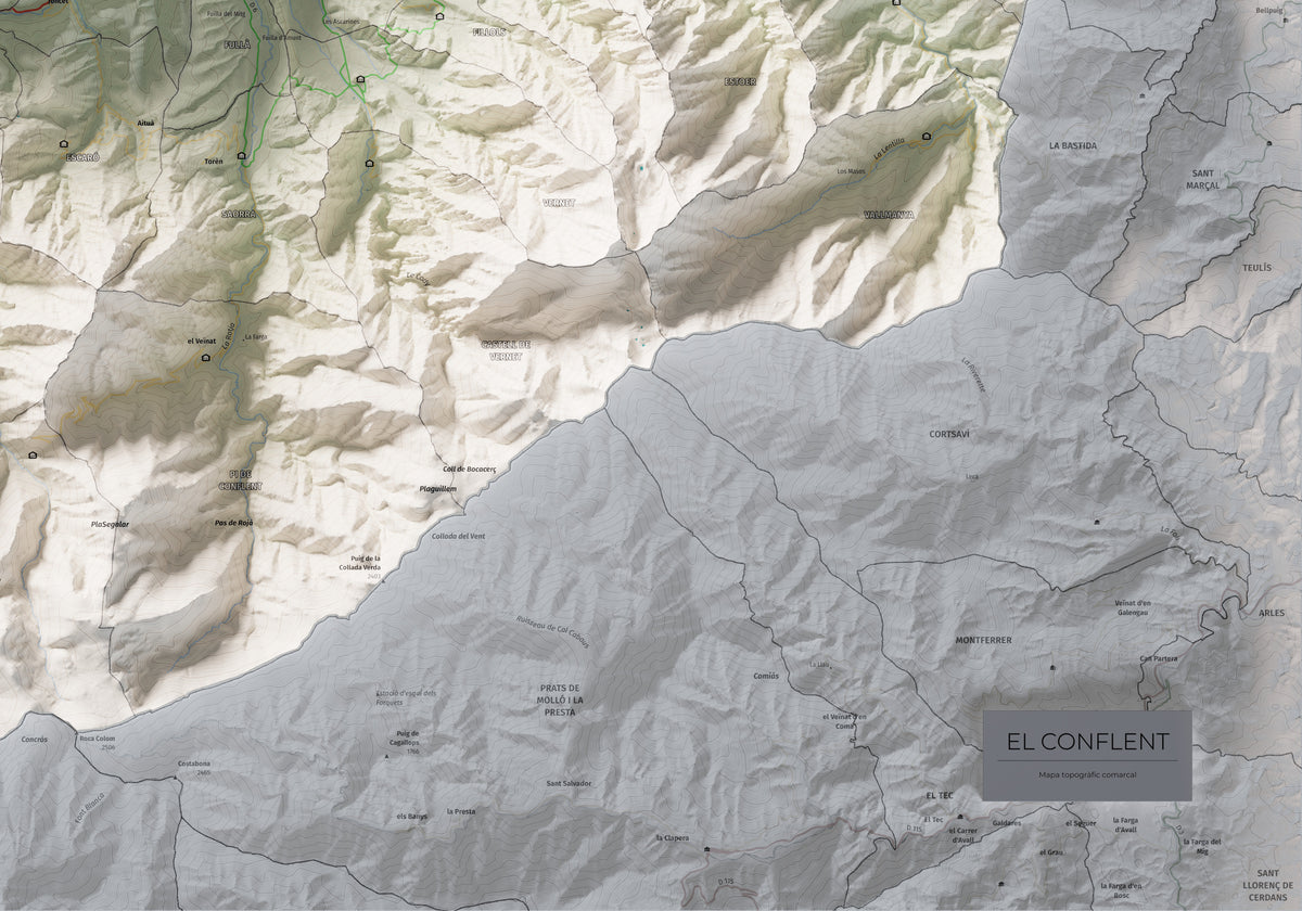 Mapa de relleu del Conflent, amb el territori en color i l’entorn en blanc. Detall de la part inferior dreta. 70 × 100 cm. Estil Cartogràfic.