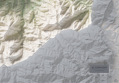 Mapa de relleu del Conflent, amb el territori en color i l’entorn en blanc. Detall de la part inferior dreta. 70 × 100 cm. Estil Cartogràfic.