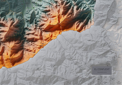 Mapa de relleu del Conflent, amb el territori en color i l’entorn en blanc. Detall de la part inferior dreta. 70 × 100 cm. Estil Contrastat.
