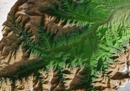 Mapa de relleu del Conflent, amb el territori en color i l’entorn en blanc. Detall de la part central. 70 × 100 cm. Estil Clàssic.
