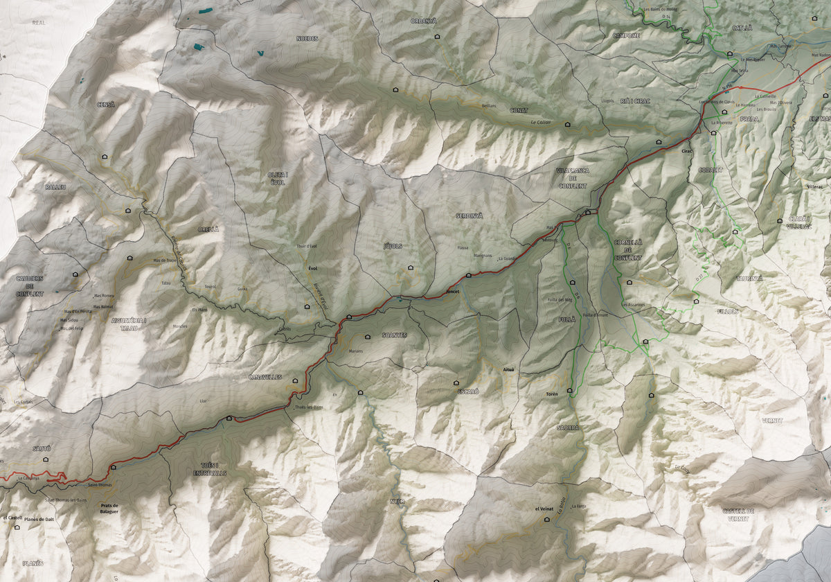 Mapa de relleu del Conflent, amb el territori en color i l’entorn en blanc. Detall de la part central. 70 × 100 cm. Estil Cartogràfic.